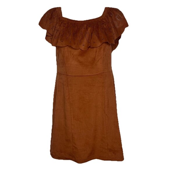 Shyanne Dresses & Skirts - Shyanne Faux Suede Western Mini Dress Size S Chestnut Brown Ruffled Off Shoulder